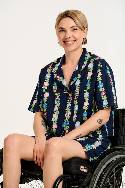 Jessie - Cotton & Linen Shorts in Navy Island Bloom Floral Print