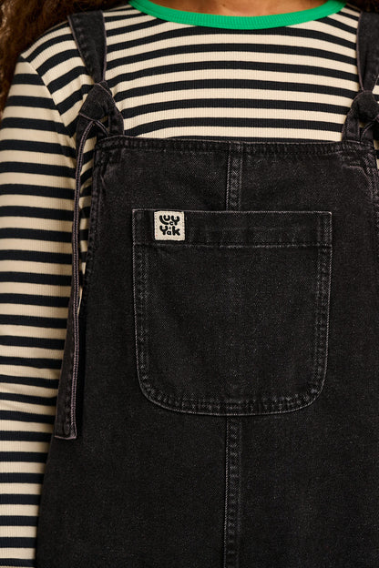 Ali - Wide Leg Denim Dungarees in Washed Black