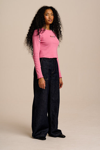 Hansel - Long Sleeve Cotton Crop Top in Pink Tulip Embroidery