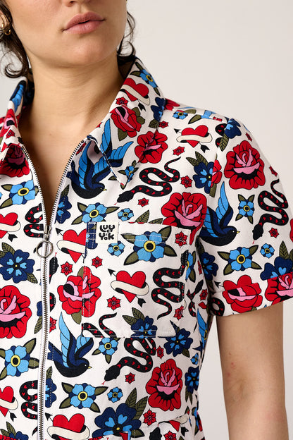 Ragan - Cotton Jumpsuit in Multi Coloured Tattoo Print