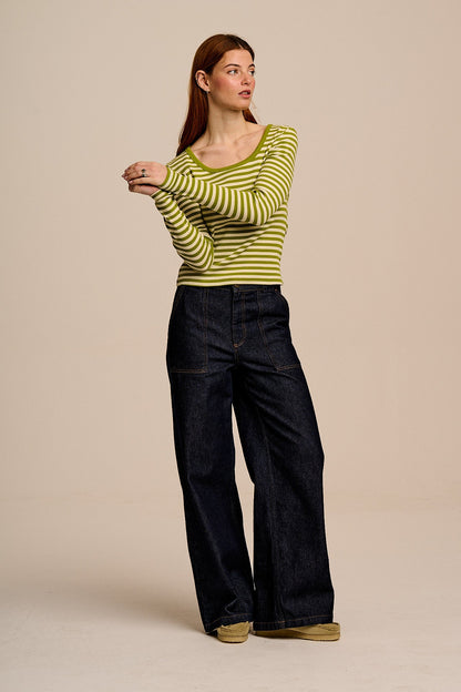 Remy - Ribbed Cotton Scoop Neck Long Sleeve Top in Green & Ecru Stripe
