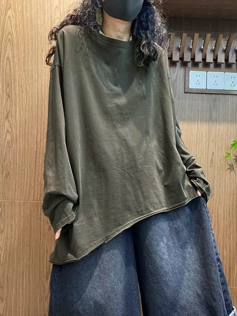 女士秋季休閒純色100%純棉圓領襯衫