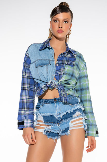 ALICE PATCHWORK DISTRESS HIGH RISE DENIM SHORTS