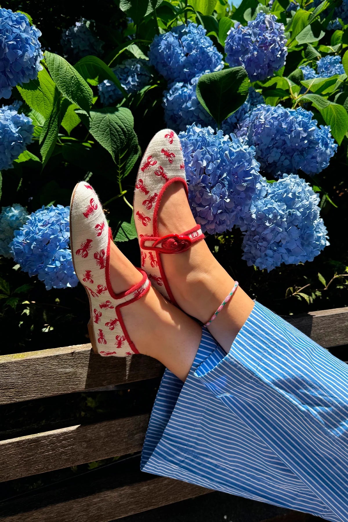 Verona Ballet Flat In White Striped Fabric and Lobster Embroidery