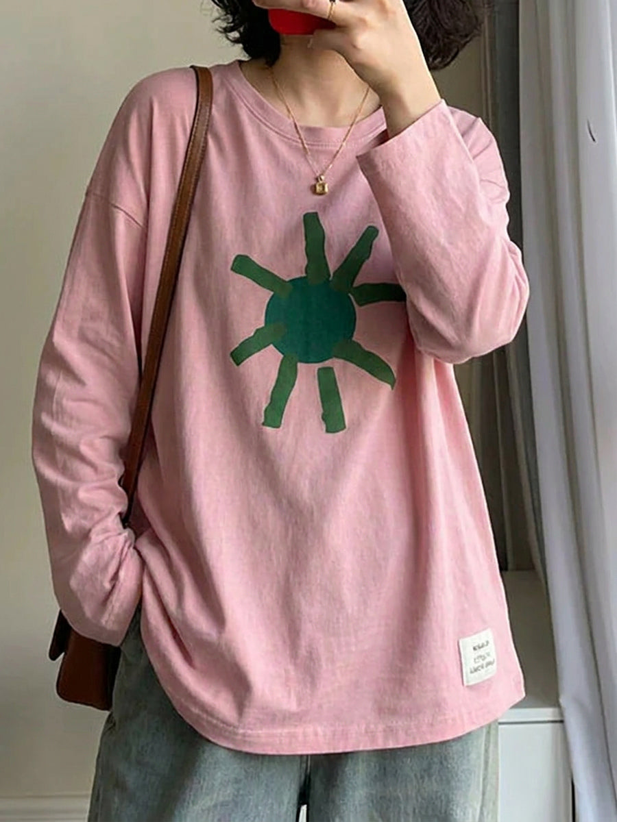 大尺碼藝術印花100%純棉寬鬆長袖T卹