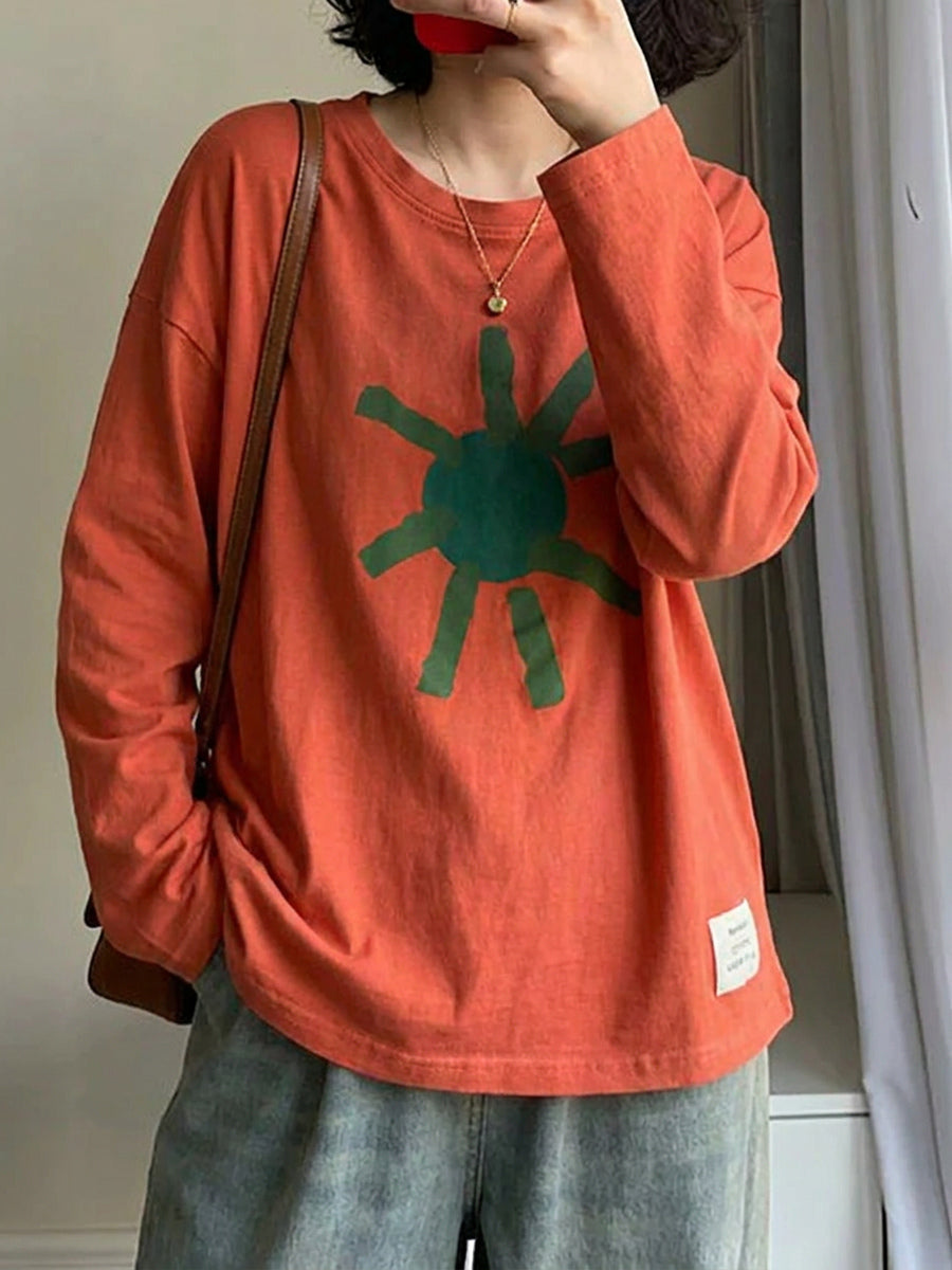 大尺碼藝術印花100%純棉寬鬆長袖T卹