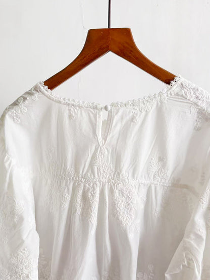 浪漫刺繡扇形下擺100%純棉襯衫